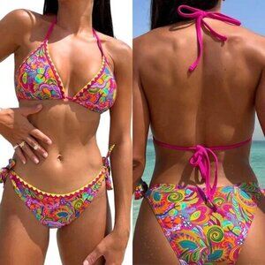 **COZYEASE** Bikini Sets 2 Piece Halter Triangle Allover Print Swimsuit Set L
